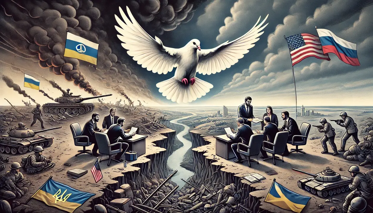Una imagen de la paloma de la paz luchando por posarse en Ucrania, mientras la paz se negocia por entregas entre EE UU y Rusia. / Mundiario