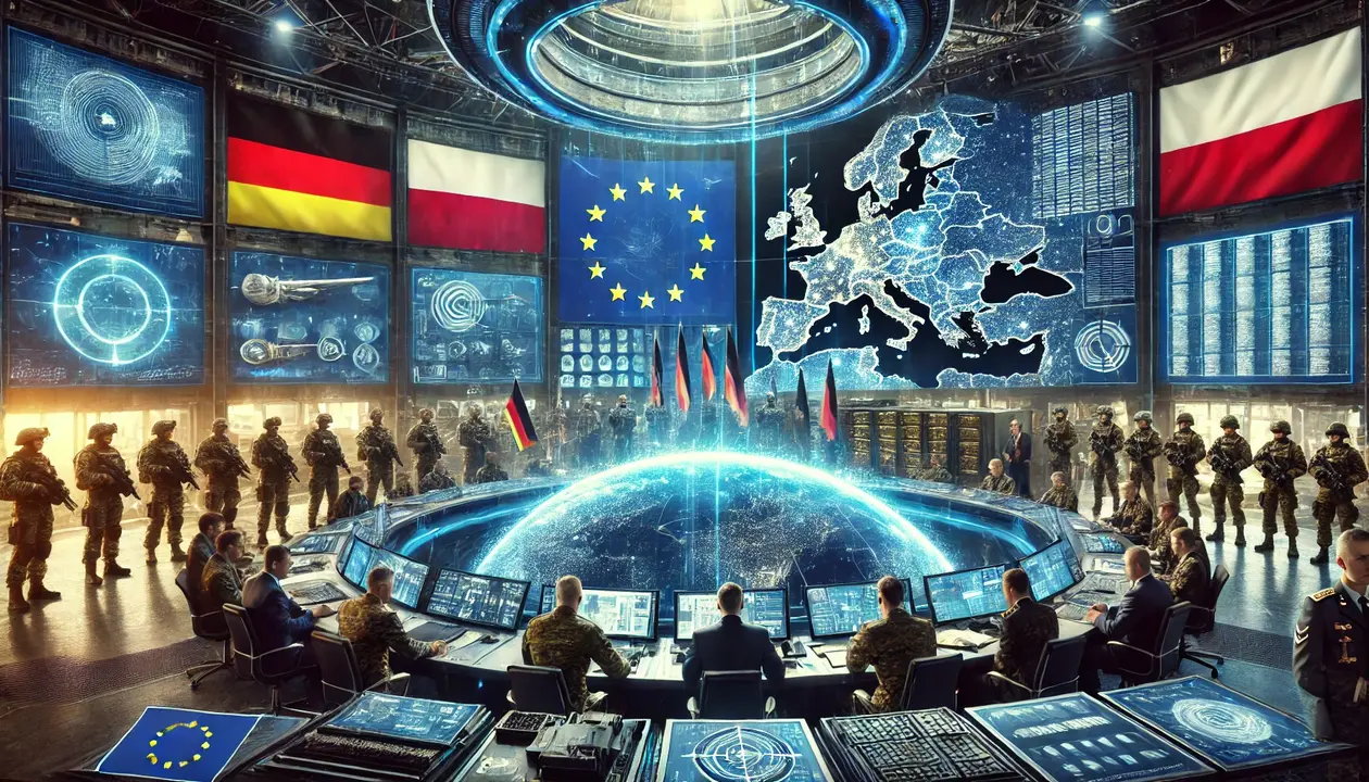 Ilustraci&oacute;n que representa la expansi&oacute;n militar de la UE, con un centro de mando futurista, mapas estrat&eacute;gicos y soldados europeos preparados para esta nueva era. / Mundiario