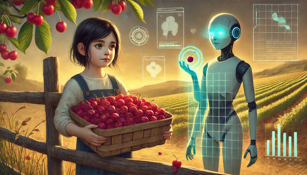 Ilustración de una niña con un cesto de cerezas junto a un chatbot. / Mundiario