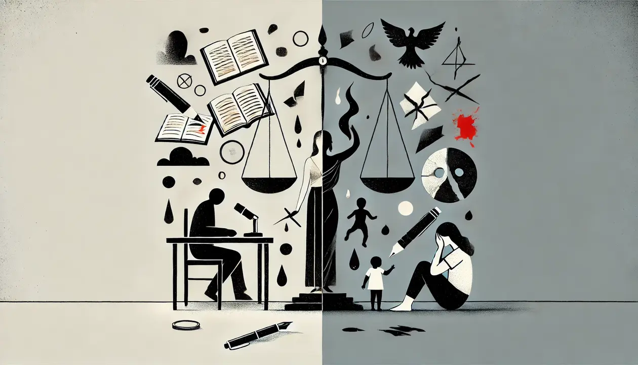 Ilustraci&oacute;n que representa el conflicto entre la libertad de creaci&oacute;n y los derechos de las v&iacute;ctimas, inspirada en el caso del libro El odio. / Mundiario