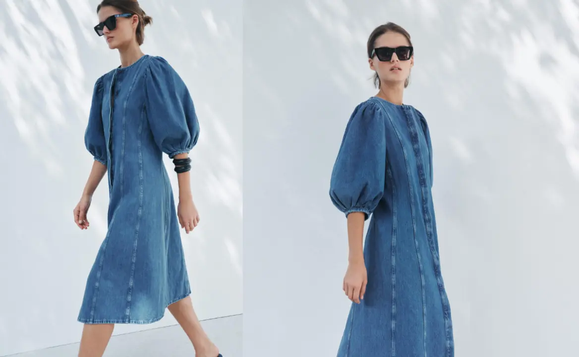 Vestido denim corte midi de Zara, screenshot página web oficial.