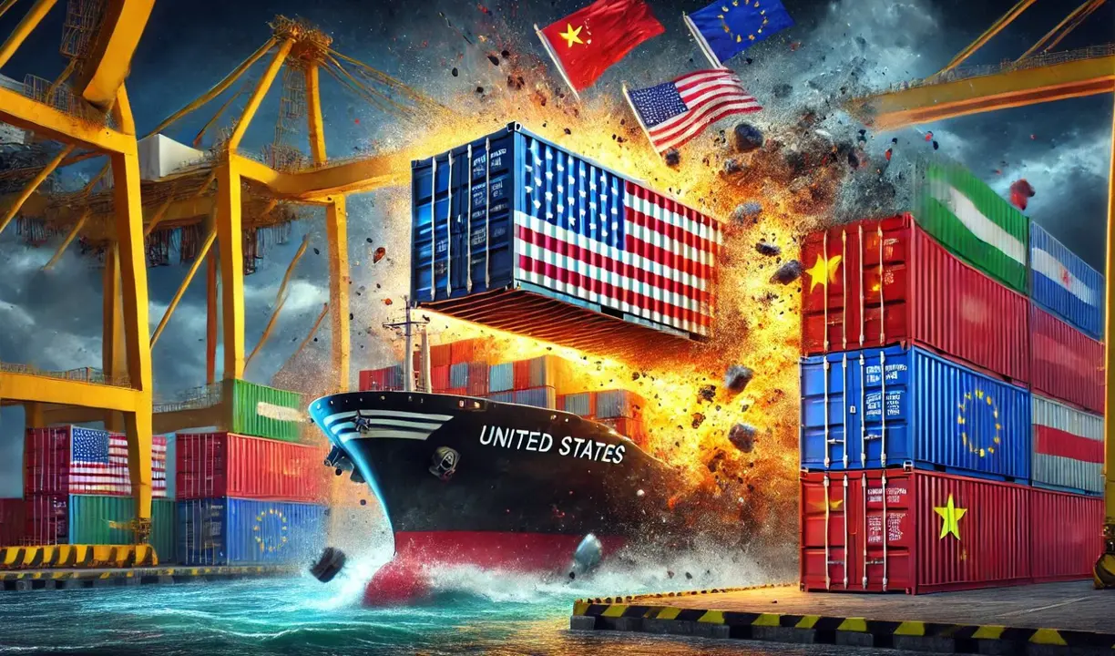 Un contenedor de carga con la bandera de EE UU chocando contra contenedores de China, la UE y otros pa&iacute;ses afectados, representando la tensi&oacute;n comercial. / Mundiario.