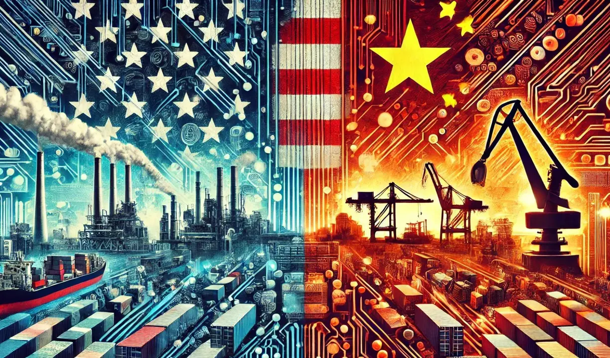 Una imagen dividida o enfrentada: de un lado, la bandera de Estados Unidos con im&aacute;genes de f&aacute;bricas; del otro, la bandera china con contenedores mar&iacute;timos. / Mundiario.