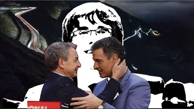 Zapatero y S&aacute;nchez con Puigdemont al fondo