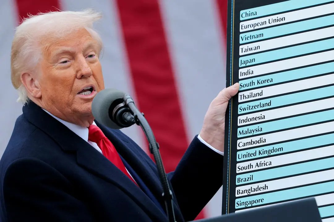 Donald Trump muestra los aranceles rec&iacute;procos para distintos socios comerciales, el 2 de abril en el exterior de la Casa Blanca. / RR SS.