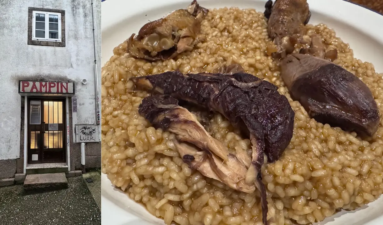 La fachada del Pamp&iacute;n Bar junto al plato de arroz de galo de Mos. / M.M.