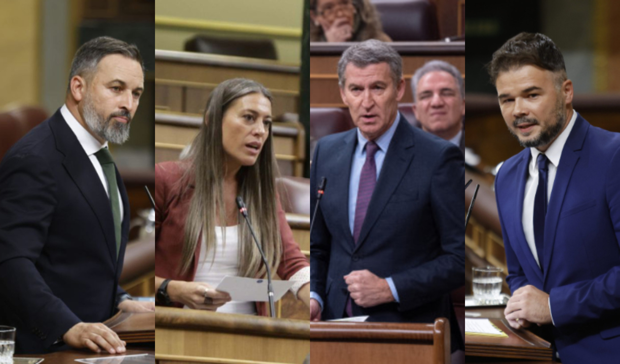 Santiago Abascal, l&iacute;der de Vox; M&iacute;riam Nogueras, portavoz de Junts; Alberto N&uacute;&ntilde;ez Feij&oacute;o, l&iacute;der del PP y Gabriel Rufi&aacute;n, portavoz de ERC - Mundiario