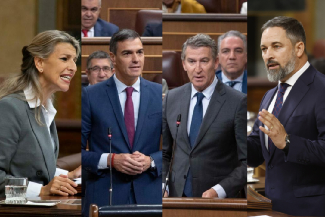 Pedro S&aacute;nchez, l&iacute;der del PSOE; Alberto N&uacute;&ntilde;ez Feij&oacute;o, l&iacute;der del PP; Santiago Abascal, l&iacute;der de Vox; y Yolanda D&iacute;az, l&iacute;der de Sumar. / Mundiario.