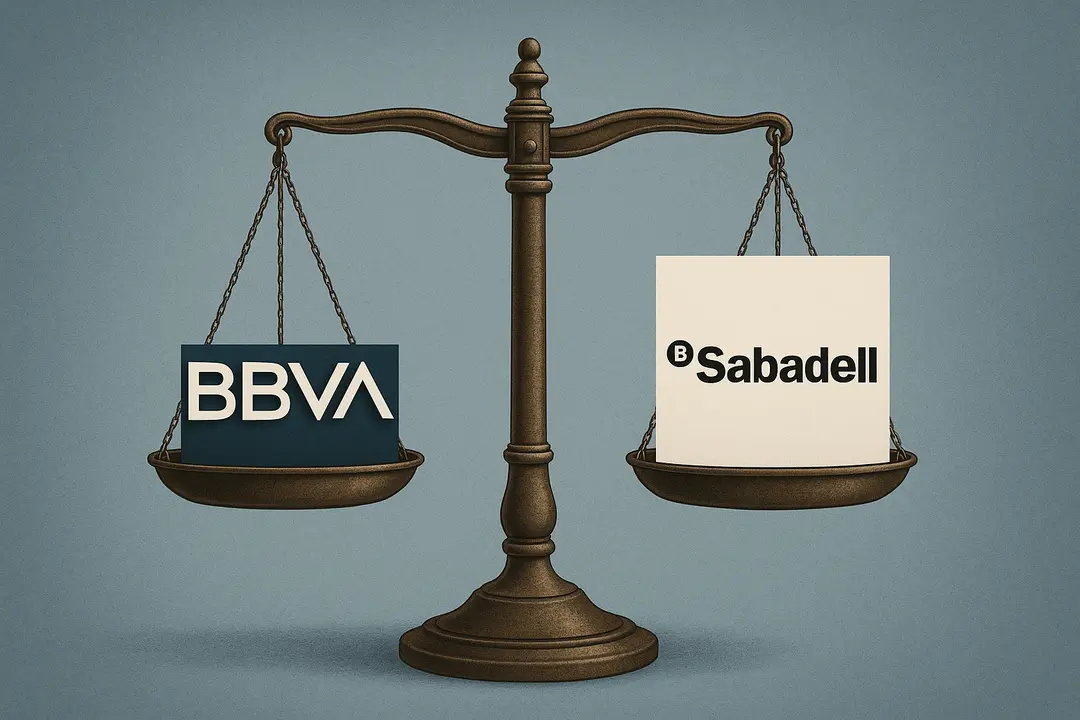 Balanza con los logos de BBVA y Banco Sabadell. / Mundiario.
