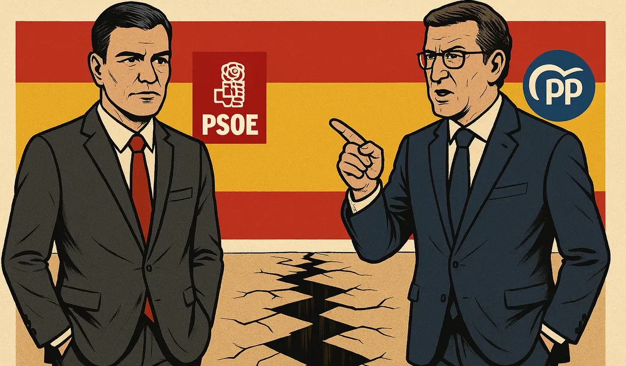 Ilustraci&oacute;n de la pol&iacute;tica espa&ntilde;ola, con Pedro S&aacute;nchez y Alberto N&uacute;&ntilde;ez Feij&oacute;o como protagonistas. / Mundiario