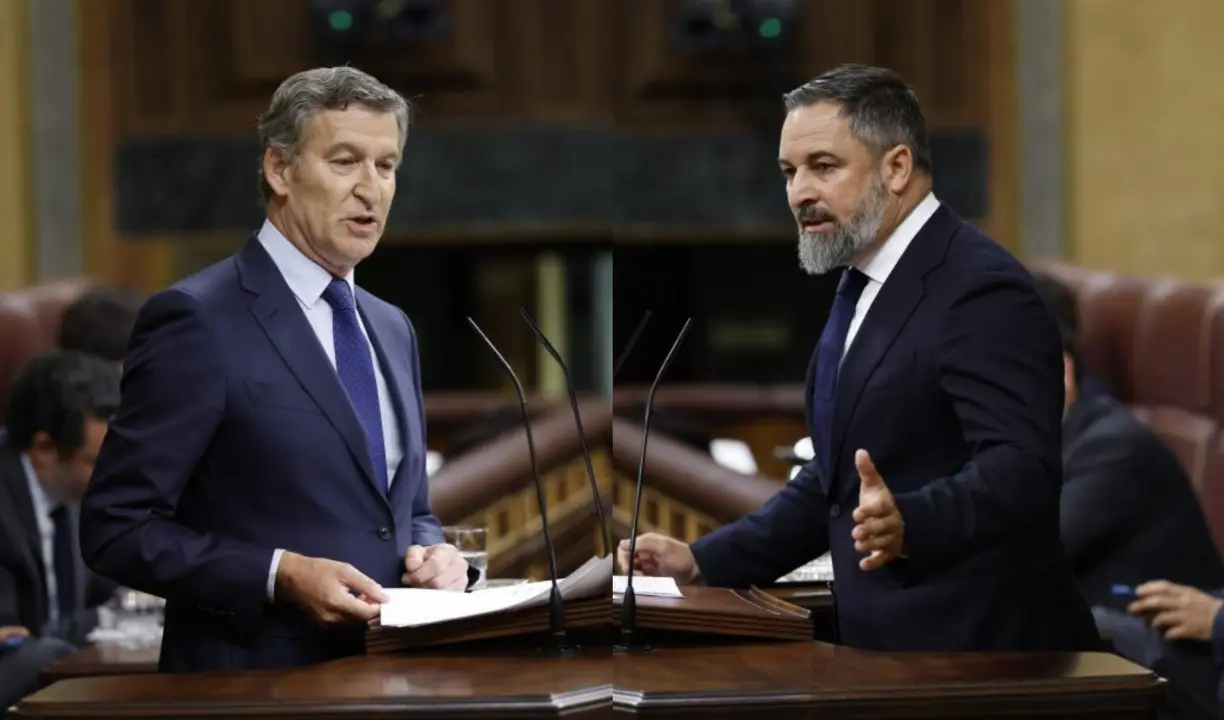 Alberto N&uacute;&ntilde;ez Feij&oacute;o, l&iacute;der del PP y Santiago Abascal, l&iacute;der de Vox. / Mundiario