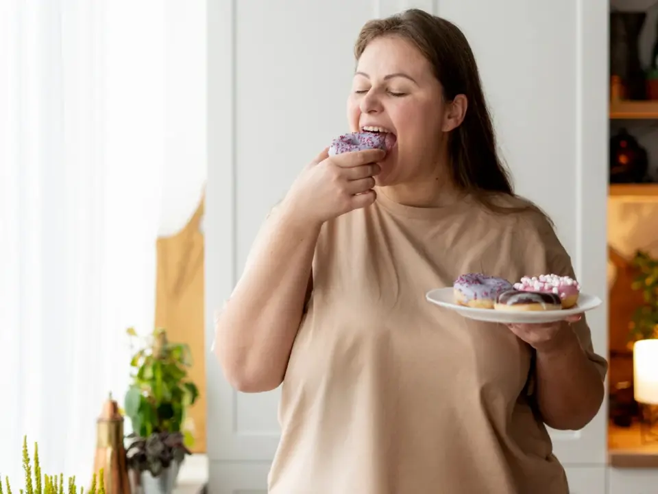 Una mujer comi&eacute;ndose una dona. / RR. SS.