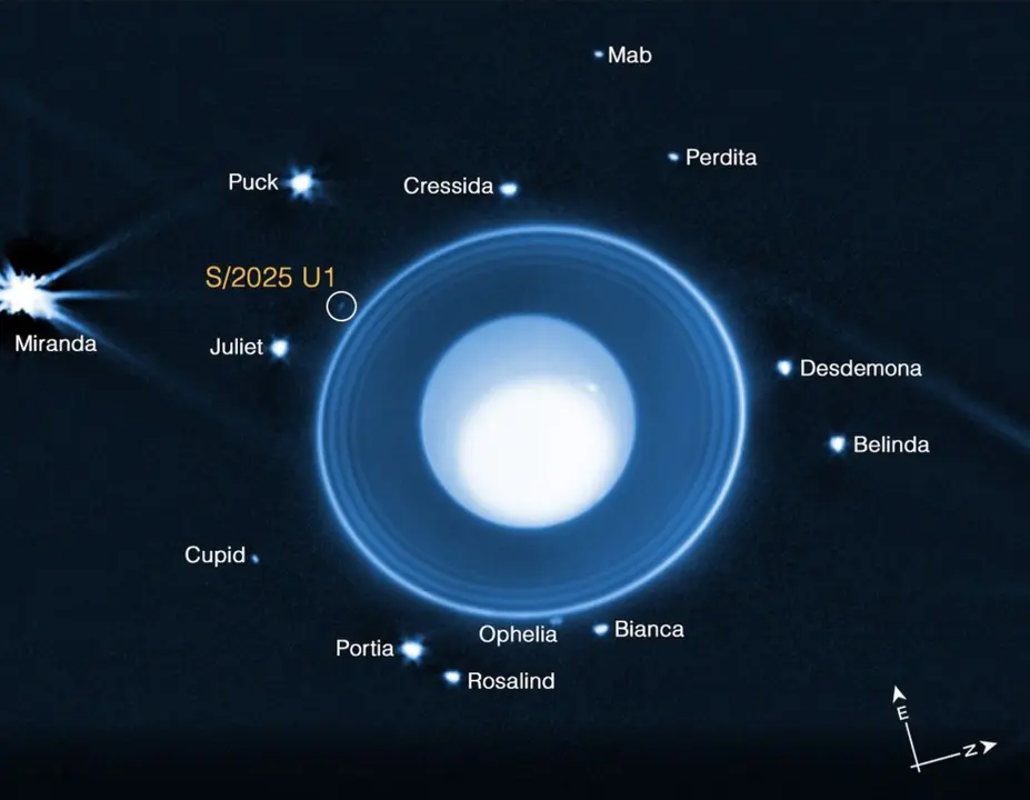 Esta imagen muestra la luna de Urano, designada S/2025 U1, as&iacute; como 13 de las otras 28 lunas conocidas que orbitan el planeta. / NASA - ESA - CSA - STScI - M. El Moutamid (SwRI) - M. Hedman (Universidad de Idaho)