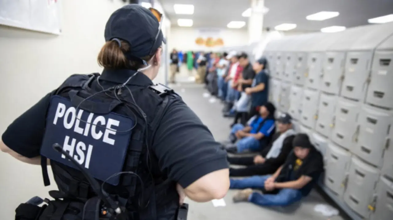 Una polic&iacute;a vigilando a un grupo de inmigrantes. / RR SS.