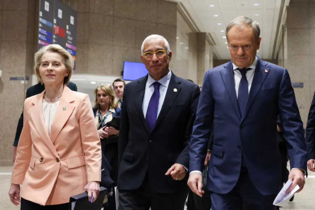 Ursula von der Leyen, presidenta de la Comisi&oacute;n Europea; Ant&oacute;nio Costa, presidente del Consejo Europeo y Donald Tusk, primer ministro de Polonia. / Consejo Europeo