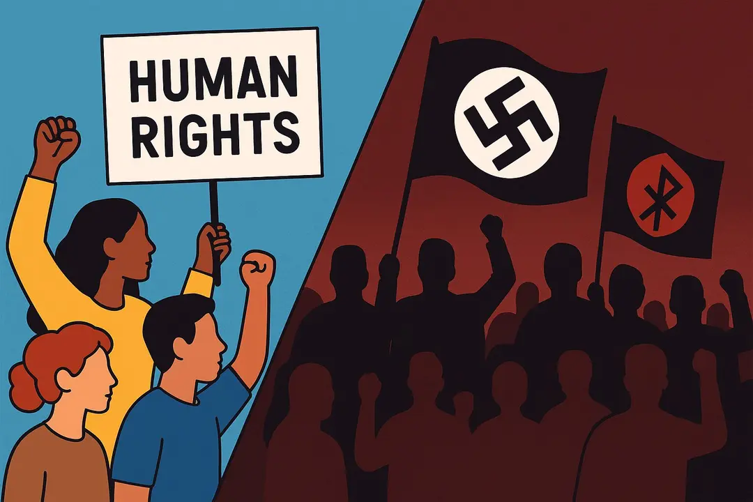 Una imagen dividida, aparece un grupo de personas manifest&aacute;ndose por derechos civiles y al otro los s&iacute;mbolos de la ultraderecha. Tensi&oacute;n social y pol&iacute;tica. / Mundiario.