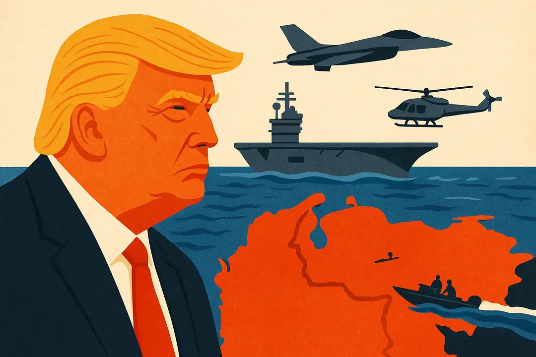 Ilustraci&oacute;n sobre Trump y la tensi&oacute;n militar ante Venezuela. / Mundiario