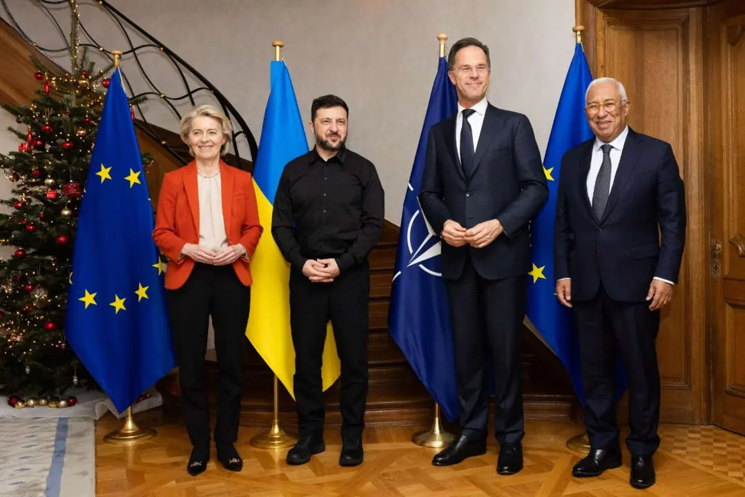Ursula von der Leyen, Volod&iacute;mir Zelenski, Mark Rutte y Ant&oacute;nio Costa. / @SecGenNATO