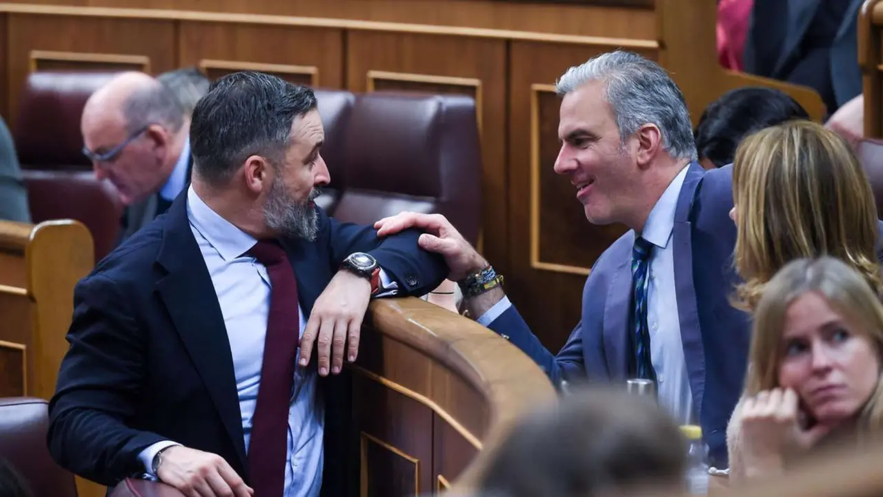 El l&iacute;der de Vox Santiago Abascal habla con Javier Ortega Smith. / RR. SS.