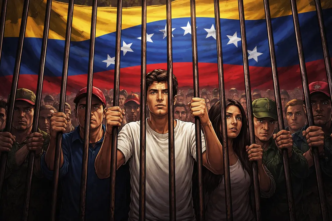 Ilustraci&oacute;n de los presos pol&iacute;ticos en Venezuela, con su bandera como tel&oacute;n de fondo. / Mundiario