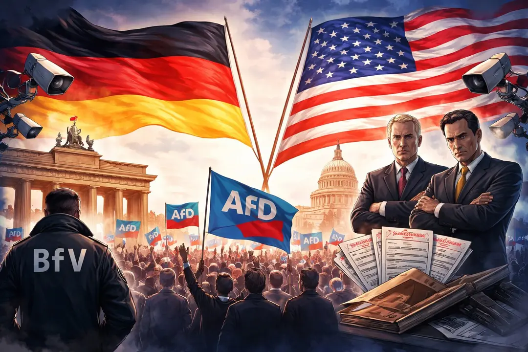 Ilustraci&oacute;n sobre los roles de la Oficina Federal para la Protecci&oacute;n de la Constituci&oacute;n (BfV) y la Alternativa para Alemania (AfD). / Mundiario