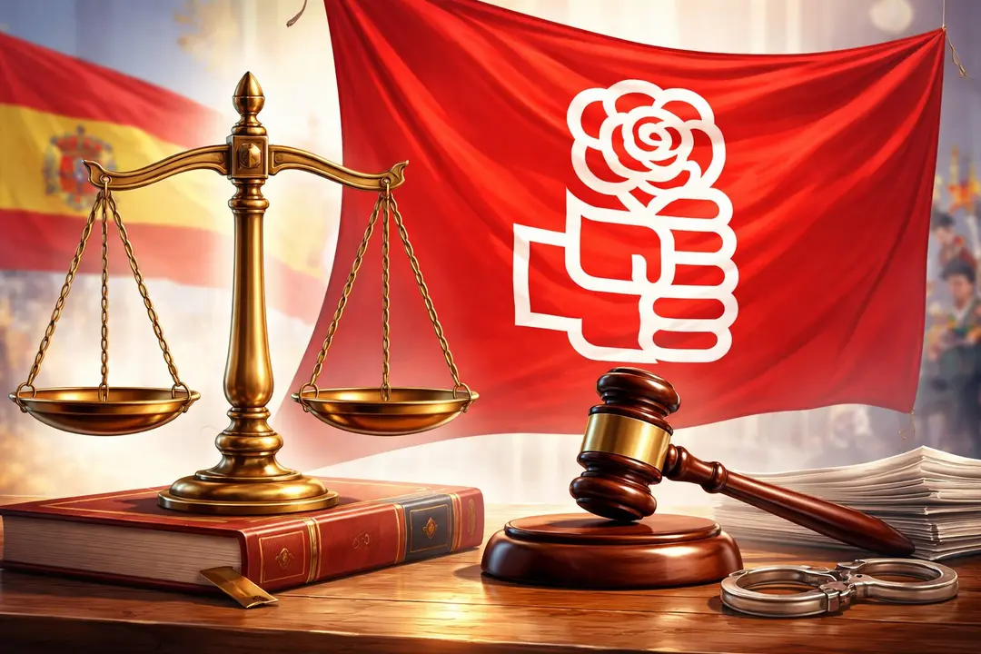 S&iacute;mbolos de la justicia junto a una bandera del PSOE. / Mundiario