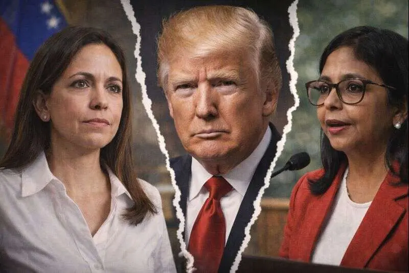 Montaje de Mar&iacute;a Corina Machado, Donald Trump y Delcy Rodr&iacute;guez. / Mundiario.