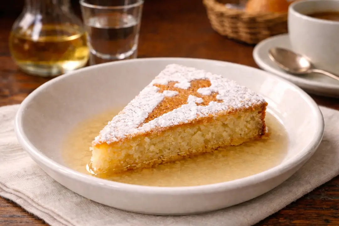 Tarta de Santiago mojada con orujo gallego