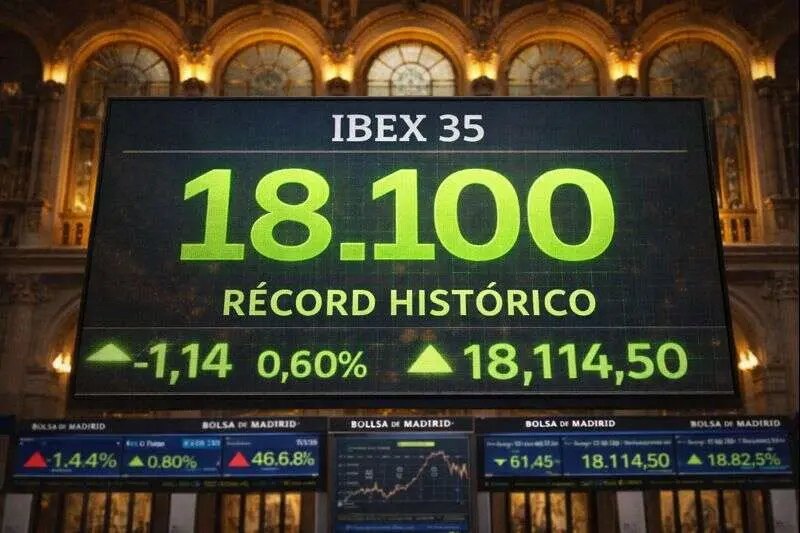 Pantalla del Palacio de la Bolsa de Madrid con el Ibex 35 marcando los 18.100 puntos en verde. / Mundiario.