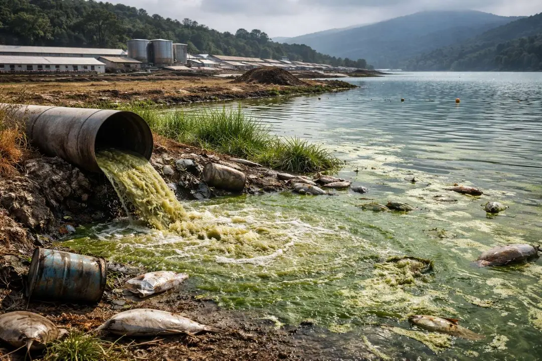 Contaminaci&oacute;n del embalse de As Conchas por cianobacterias. / IA.