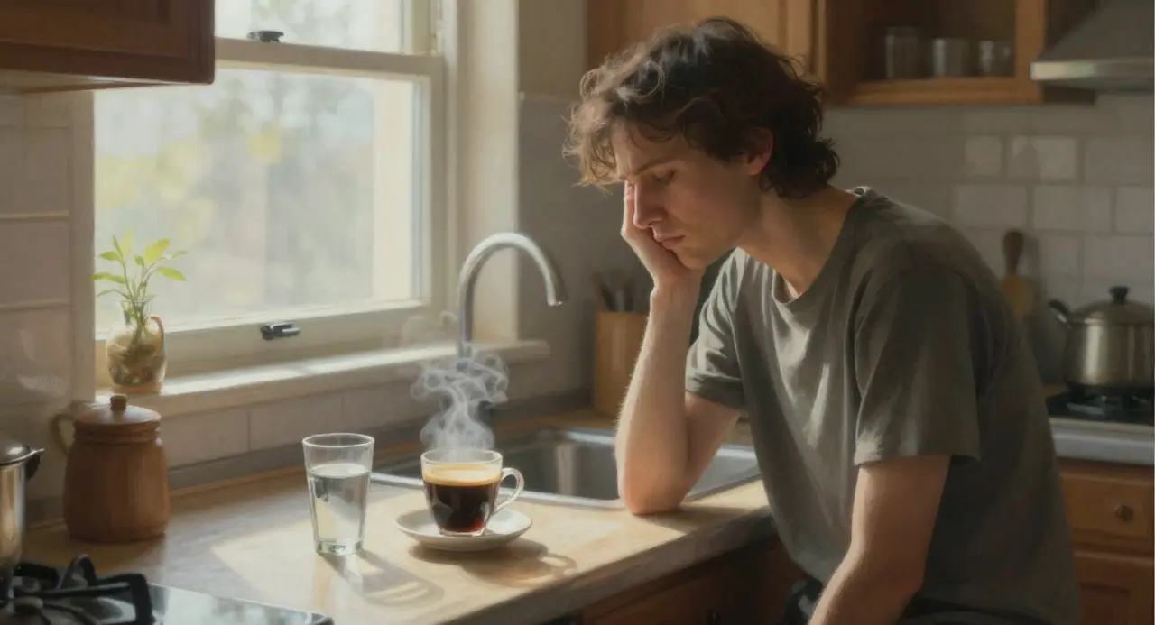 Un hombre mirando una taza de caf&eacute; y un vaso de agua. / IA.
