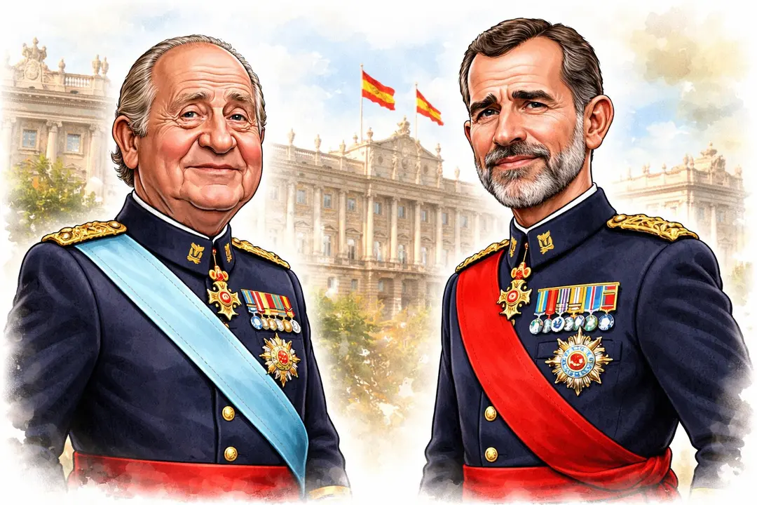Imagen caricaturesca de Juan Carlos I y Felipe VI. / Mundiario.