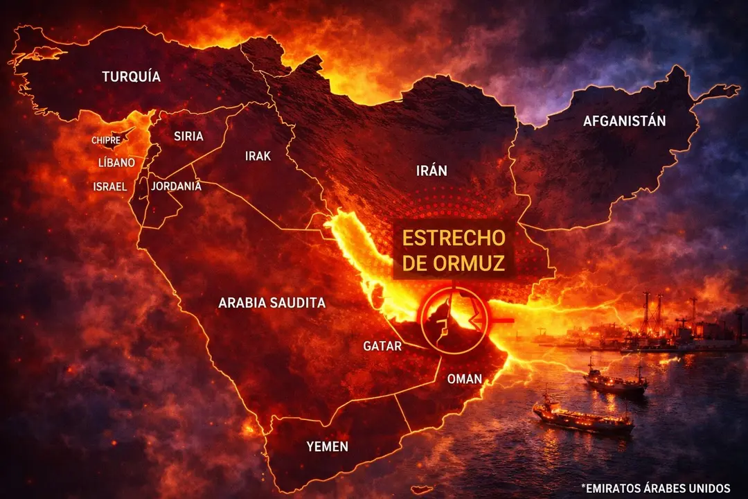 Mapa con algunos pa&iacute;ses de Oriente Pr&oacute;ximo que refleja la tensi&oacute;n en el estrecho de Ormuz. / Mundiario.