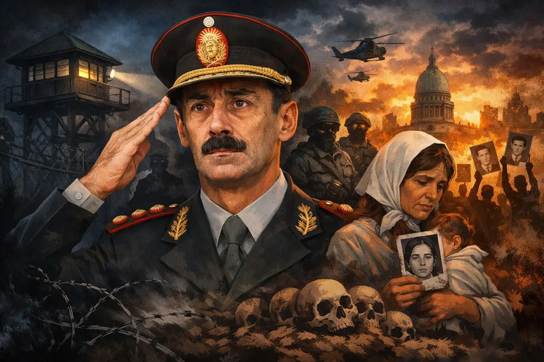Ilustraci&oacute;n de la dictadura argentina con Videla en primer plano. / Mundiario
