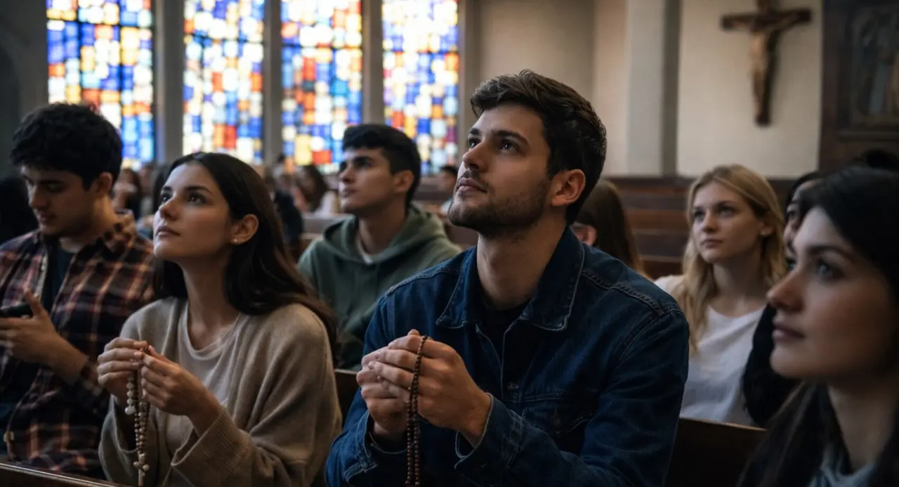 Ilustraci&oacute;n de j&oacute;venes en una iglesia. / Mundiario