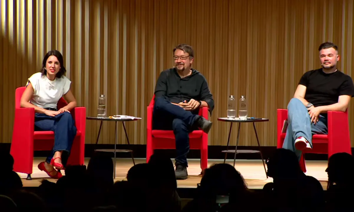 Irene Montero, eurodiputada de Podemos; Xavier Dom&egrave;nech, exportavoz de Comunes y Gabriel Rufi&aacute;n, portavoz de ERC. / RR.SS.