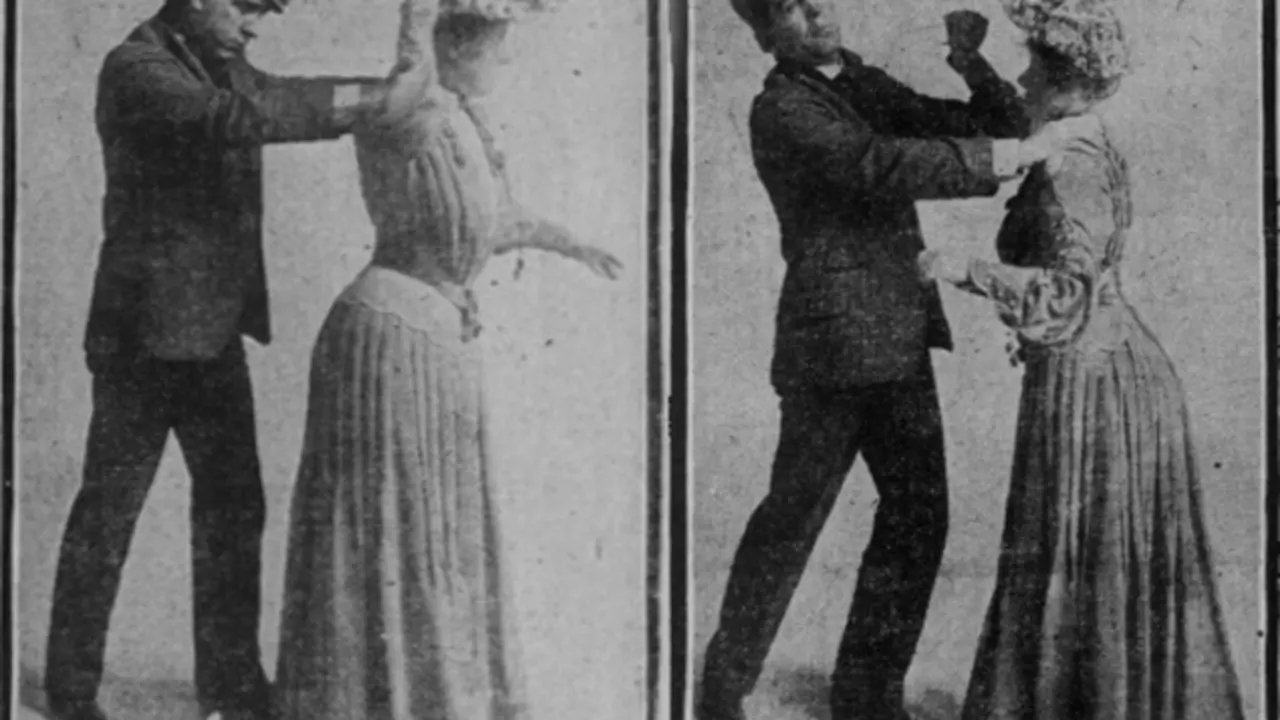 Recreaci&oacute;n de una t&aacute;ctica que las mujeres de principios de siglo XX empleaban para defenderse gracias a los pins de su sombrero.
