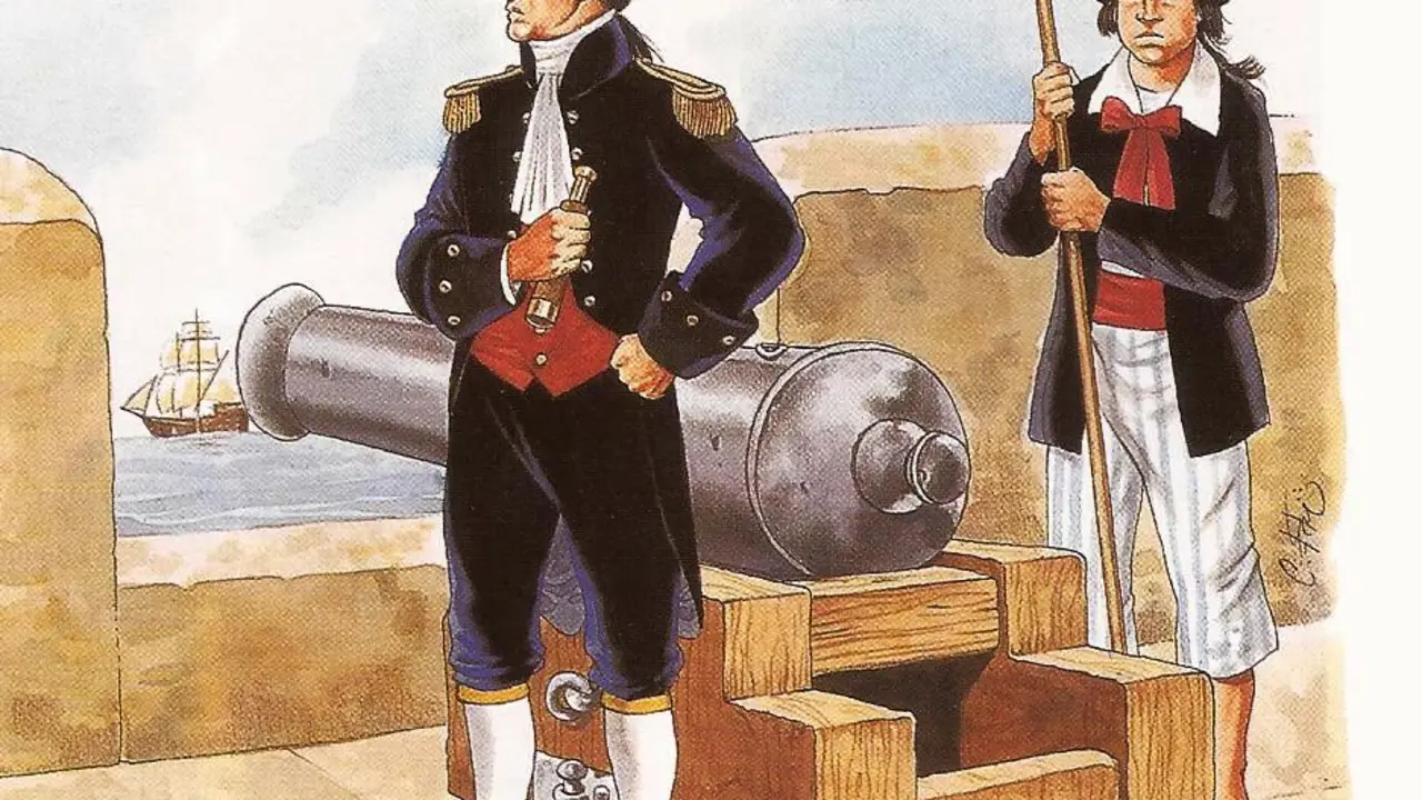 Oficial y marinero espa&ntilde;oles, con atuendo de finales del siglo XVIII.