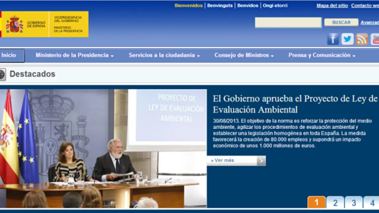 Vista de la home de la web del Ministerio de Presidencia.