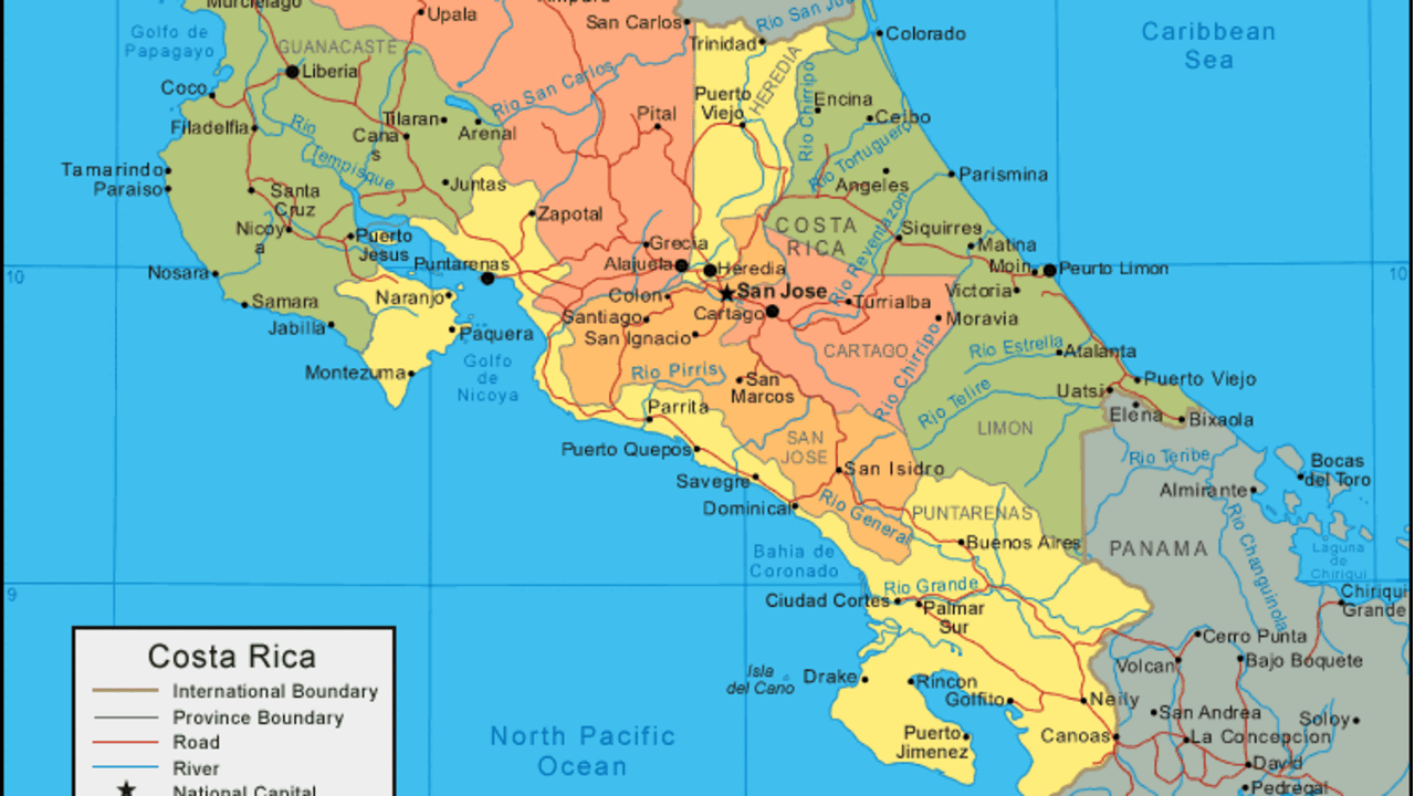 Mapa de Costa Rica, pa&iacute;s que limita con Nicaragua, al norte, y con Panam&aacute;.