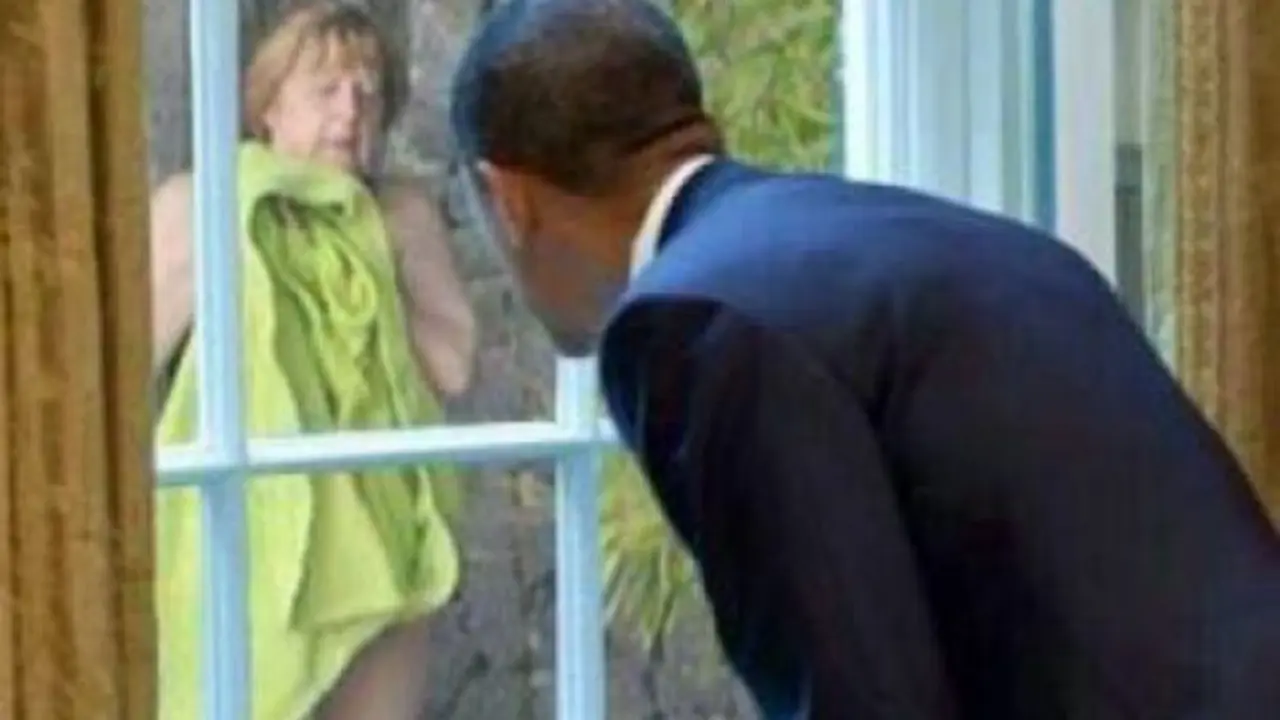 Fotomontaje aparecido en las redes sociales con Obama espiando a Merkel.