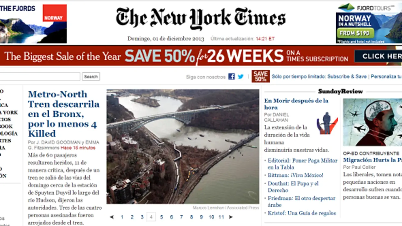 La noticia del descarrilamiento, en la home de The New York Times.