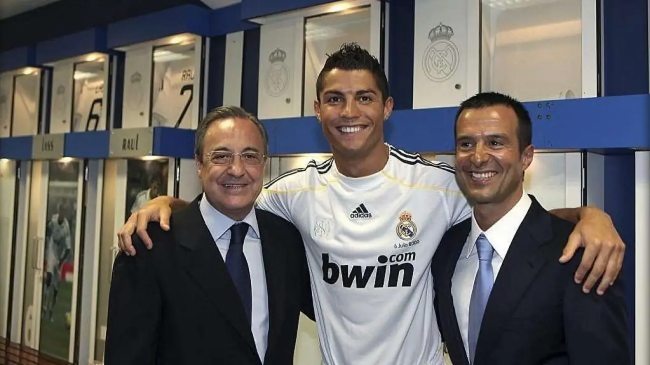 Florentino P&eacute;rez, Cristiano Ronaldo y Jorge Mendes.