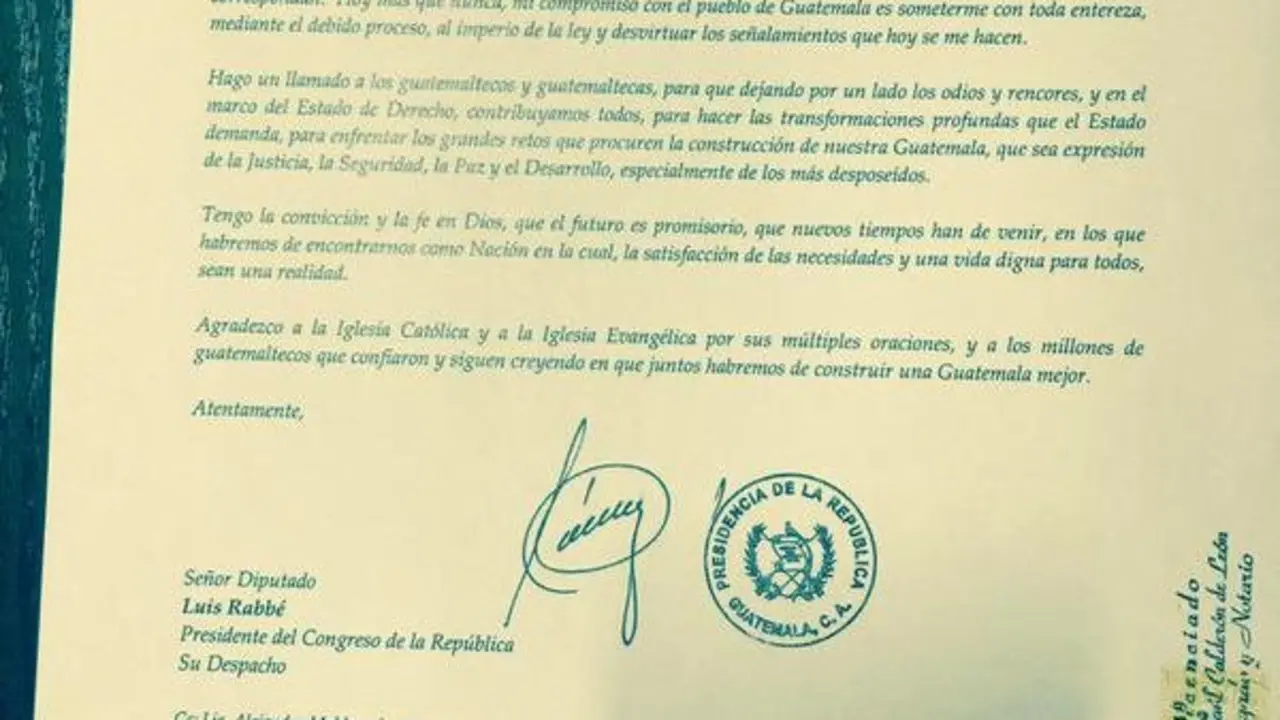 Carta de dimisi&oacute;n del Presidente de Guatemala. / Mundiario