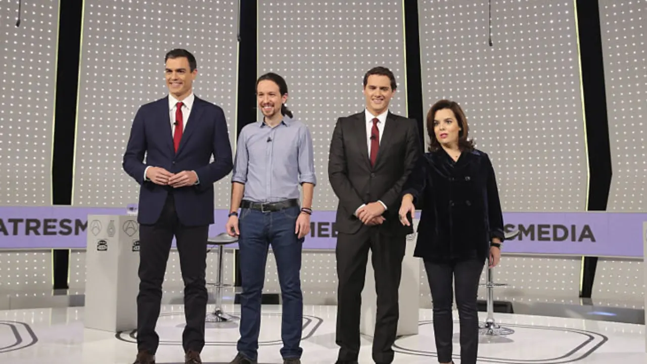 Pedro S&aacute;nchez (PSOE), Albert Rivera (Ciudadanos), Pablo Iglesias (Podemos) y Soraya S&aacute;enz de Santamar&iacute;a (PP). / Antena 3