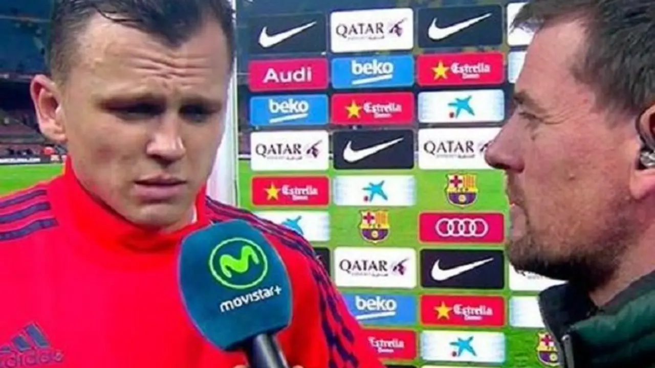 Cheryshev al final del partido en el Camp Nou. / Captura TV
