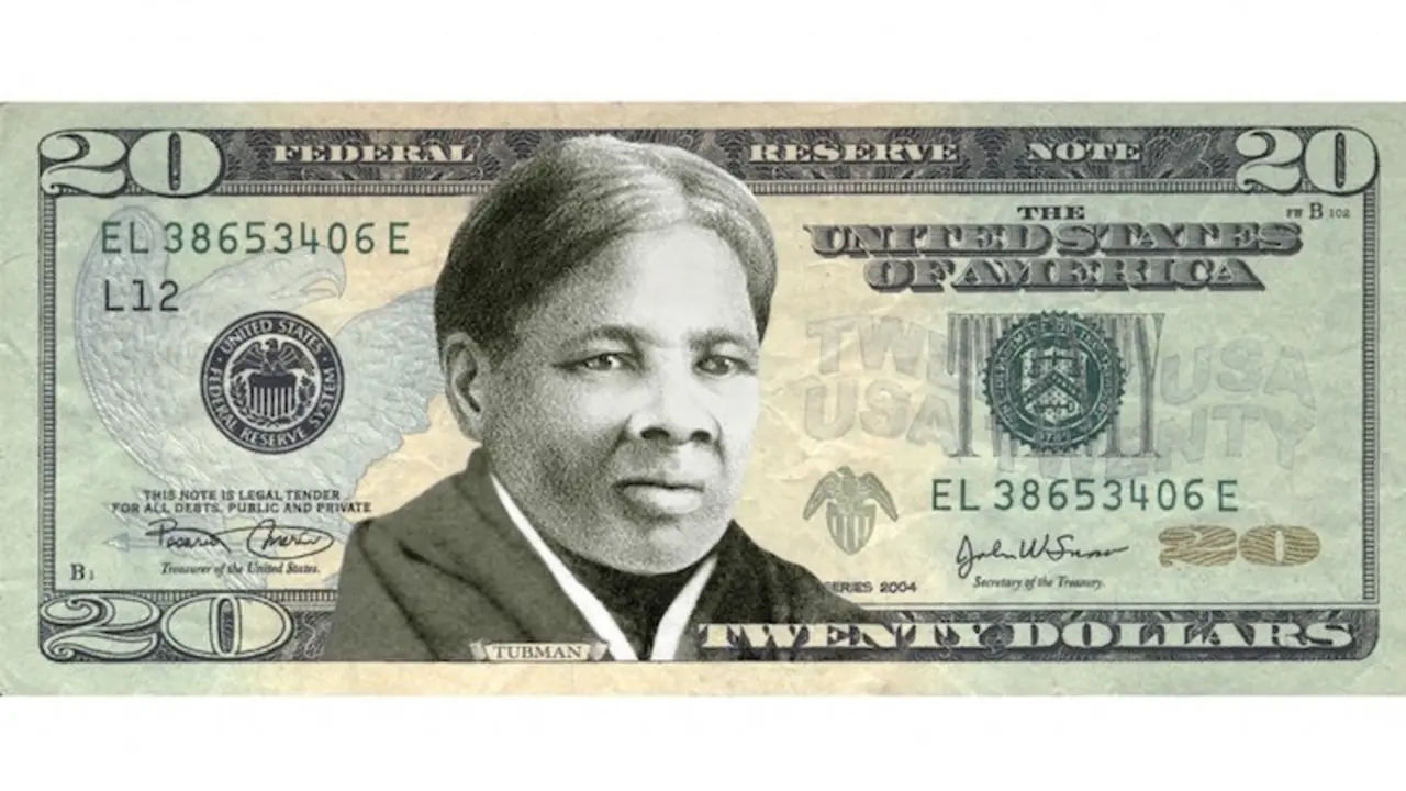 Montaje de un billete de 20 dólares con el rostro de Harriet Tubman.