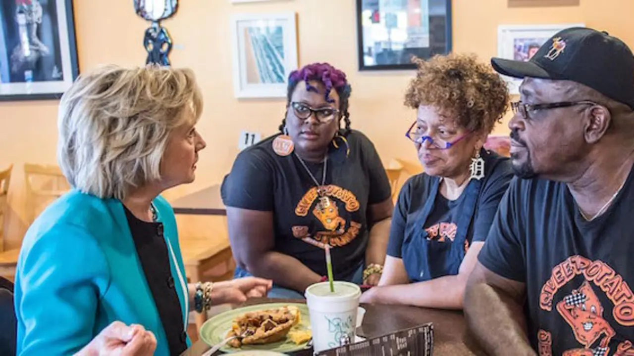 Hillary Clinton with young entrepreneurs.