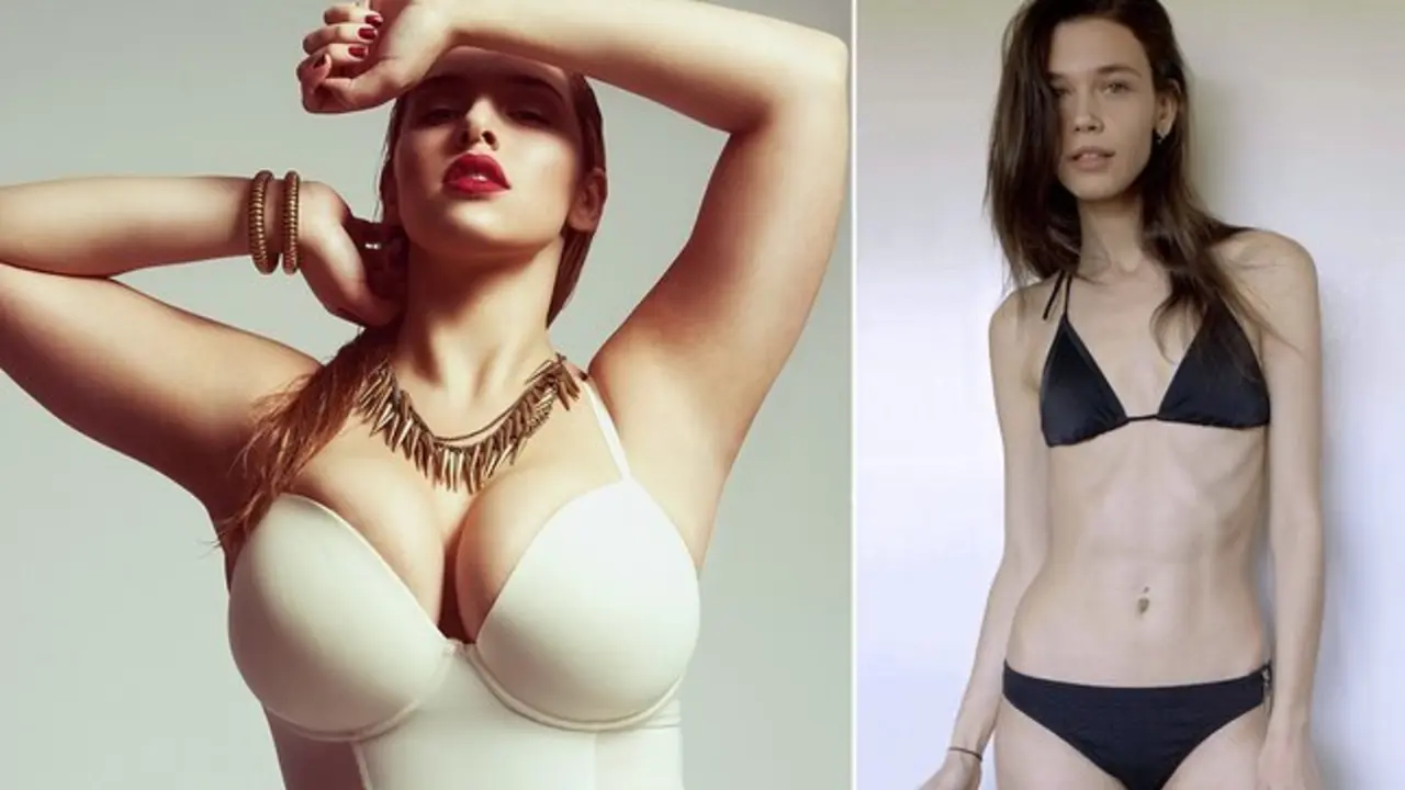 Modelos de la campa&ntilde;a Women Equiality. Jade Sezer en 2013 para la semana de la moda de Londres y Rosie Nelson en sus d&iacute;as m&aacute;s delgada. / The Guardian