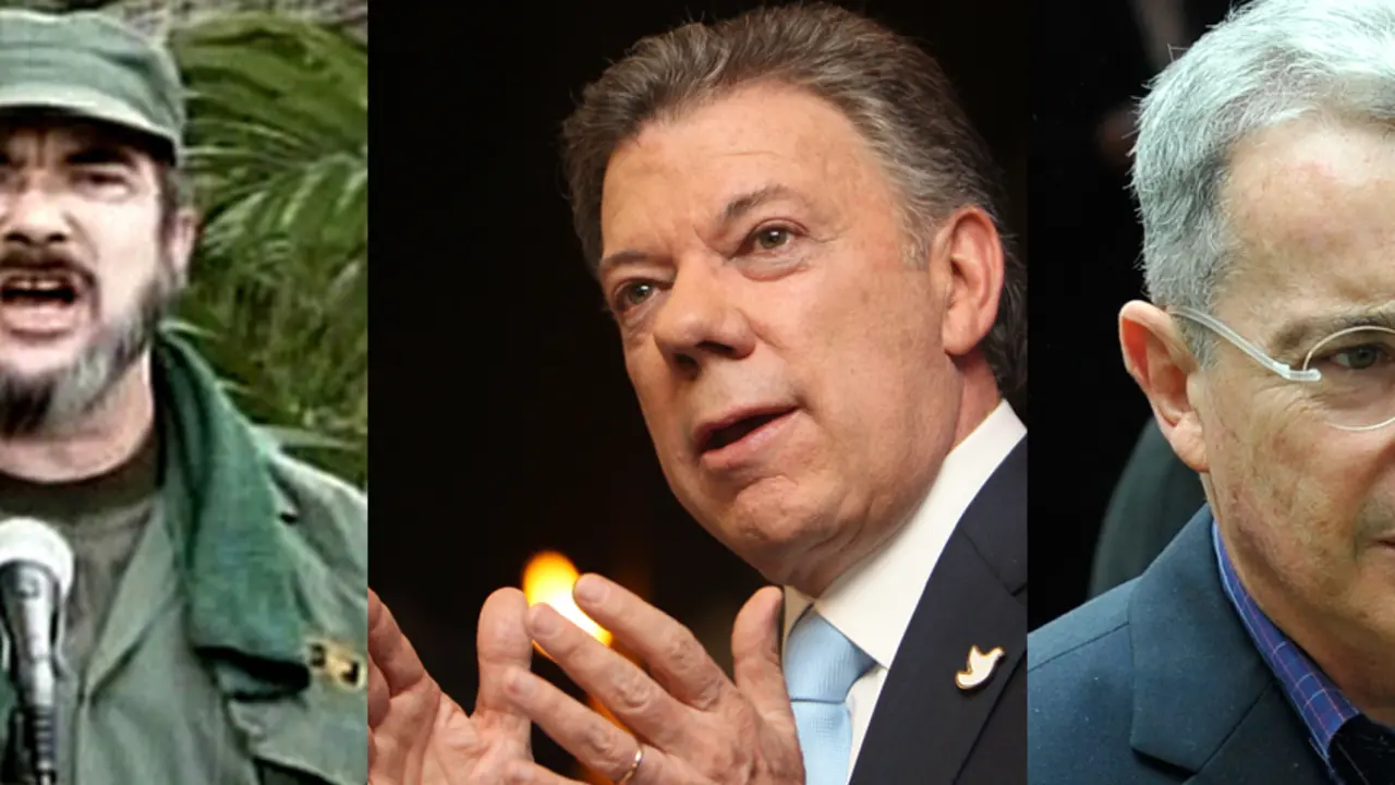 Timochenko, lider de las Farc, Santos, presidente de Colombia y Uribe, expresidente de Colombia.